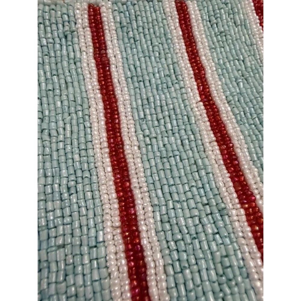 NEW India Handmade Beaded Striped Clutch Tassel Bag Blue Red White Medium Size - Picture 3 of 6